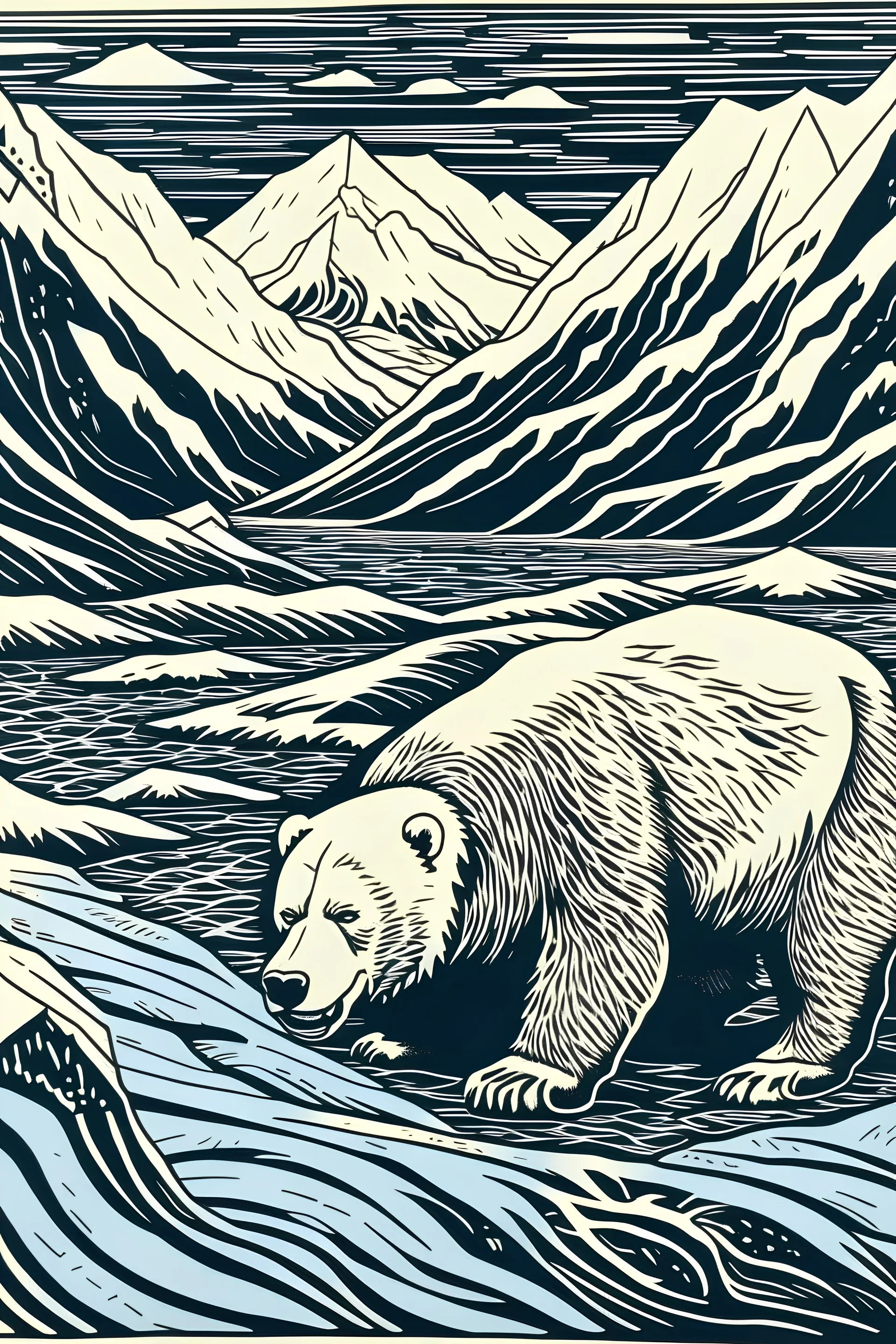 woodcut linocut of mountains in arctic landscape, with polarbear