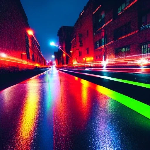 wet road with neon reflection at night