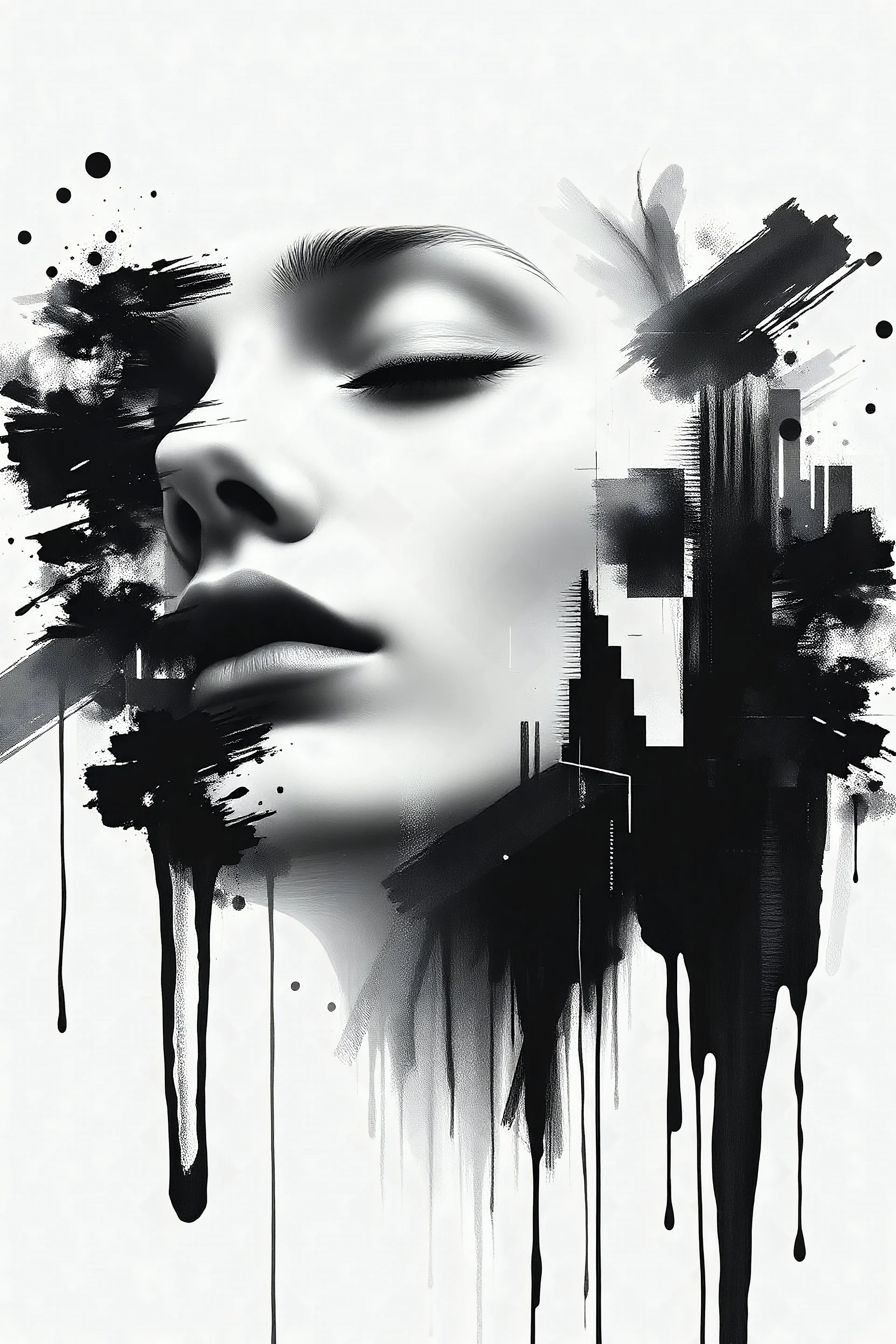 A surreal digital painting of a woman's face dissolving into abstract black and white brushstrokes and pixelated glitches. Her eyes are closed, and she appears serene, as if lost in a dream or transcending reality. The background is minimalist, emphasizing the contrast between fluid ink-like drips and structured geometric distortions. High-detail, high-resolution, monochrome with soft lighting and dramatic contrast.
