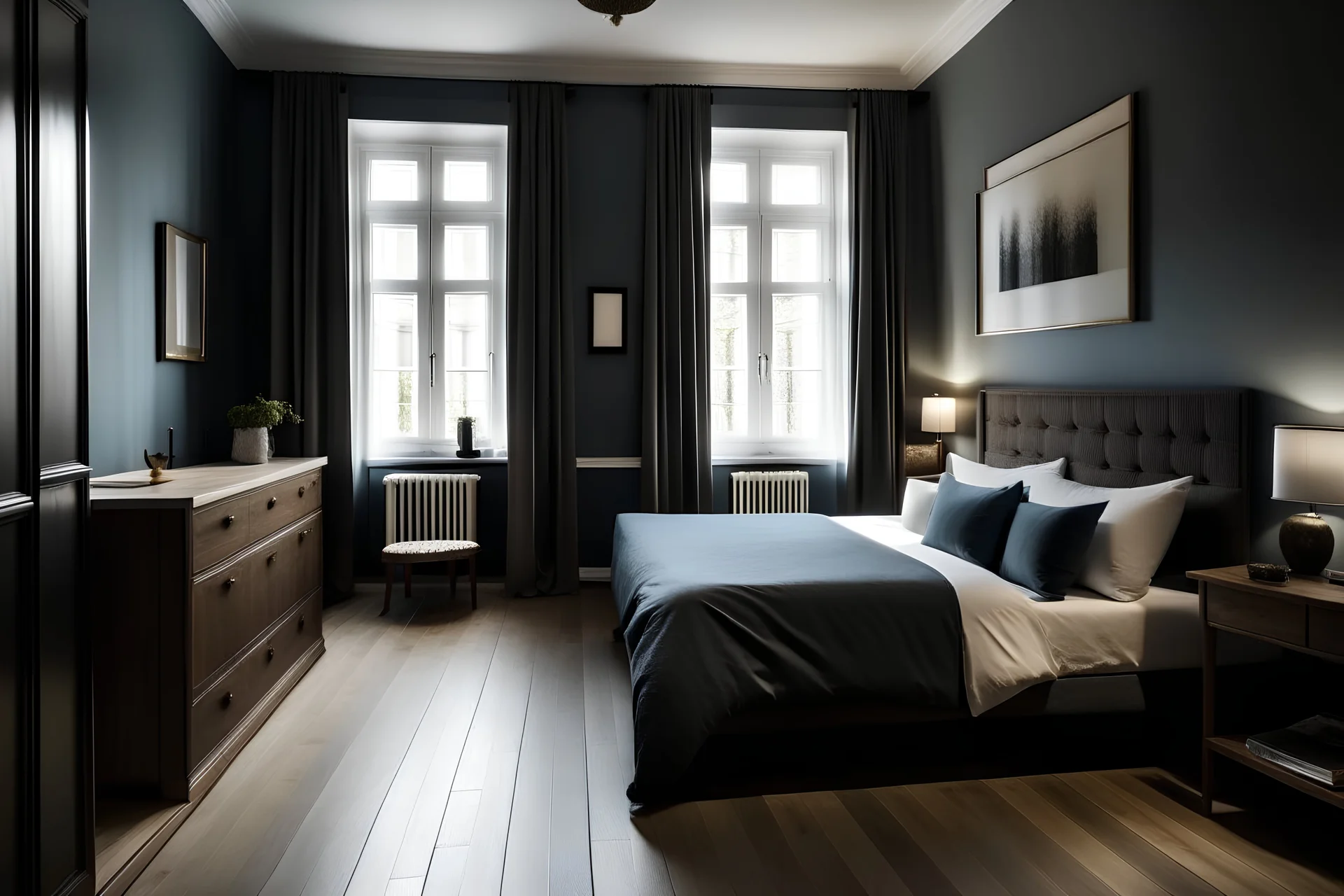 A bedroom for a 30 year old couple. Situated in Oslo. The bedroom has blue walls, a window with linen curtains. In the middle is a king size bed with a white wool headpoard with integrated nightstands in dark brown oak. On the floor is a silver visjose carpet over oak parquet floors.