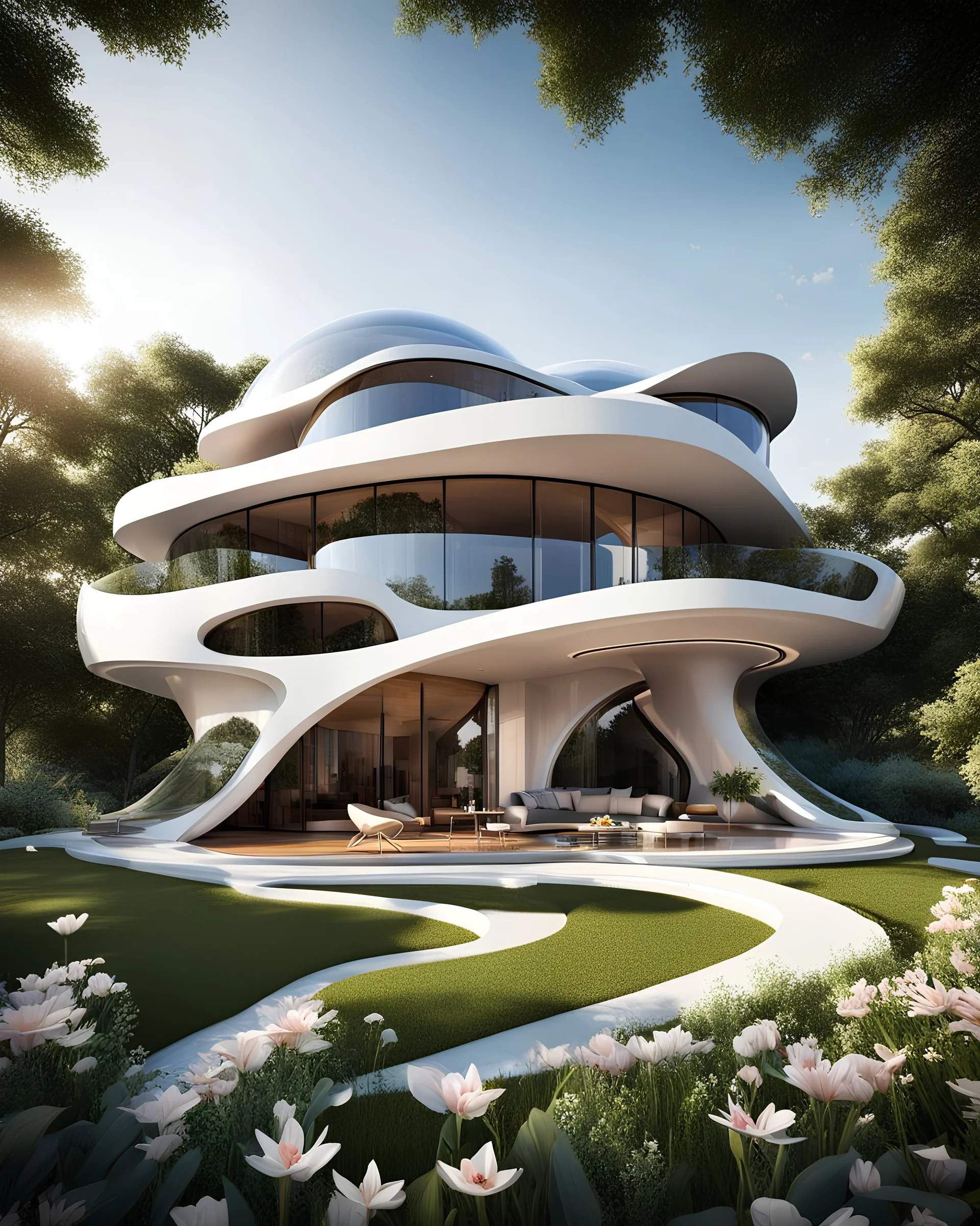 Perspectiva Casa campestre estilo Saha Hadid en forma flor, espectacular, impactante, calidad ultra, maximalista, 8k