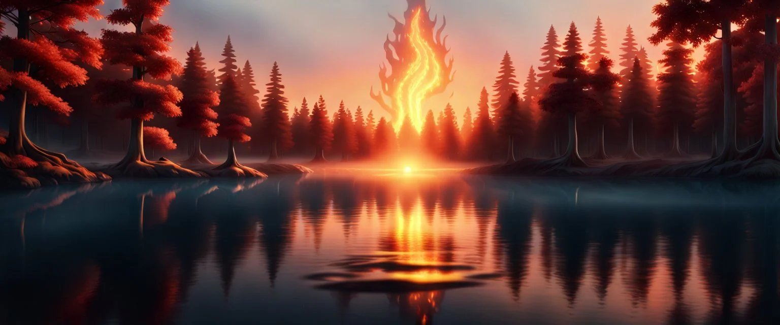 A hyper-realistic 4K scene of a serene forest lake at sunset. In the center of the lake, a pure elemental form of fire is gently hugging a pure elemental form of water. They are not human or creature-like — just abstract, living elemental shapes: fire is swirling, glowing flames with soft embers, and water is flowing, translucent waves with light reflections. Their embrace is tender, equal, and peaceful. The lake reflects their union. All around them, stylized "cooler fuel" trees with bluish bar