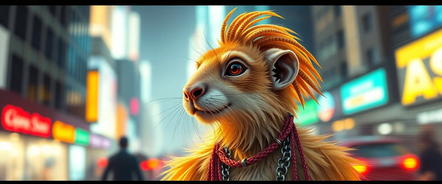 transparent weasel rasta man with cute fur, in big cyberpunk city crossover, volume light and motion blur, airbrush and pen outline