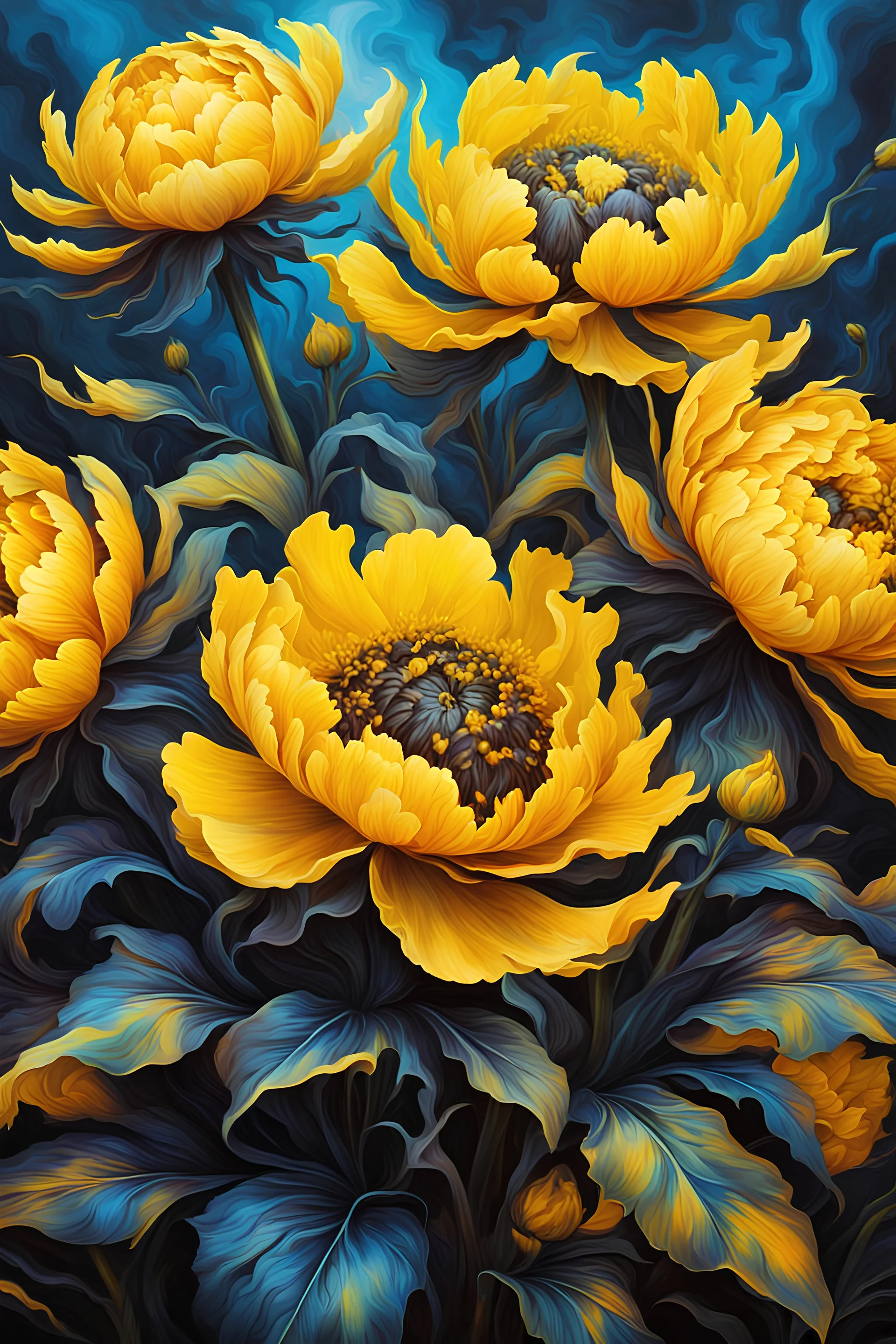 vibrant psychedelic oil painting image, airbrush, 64k, cartoon art image of background yellow and black peony flowers, dystopian