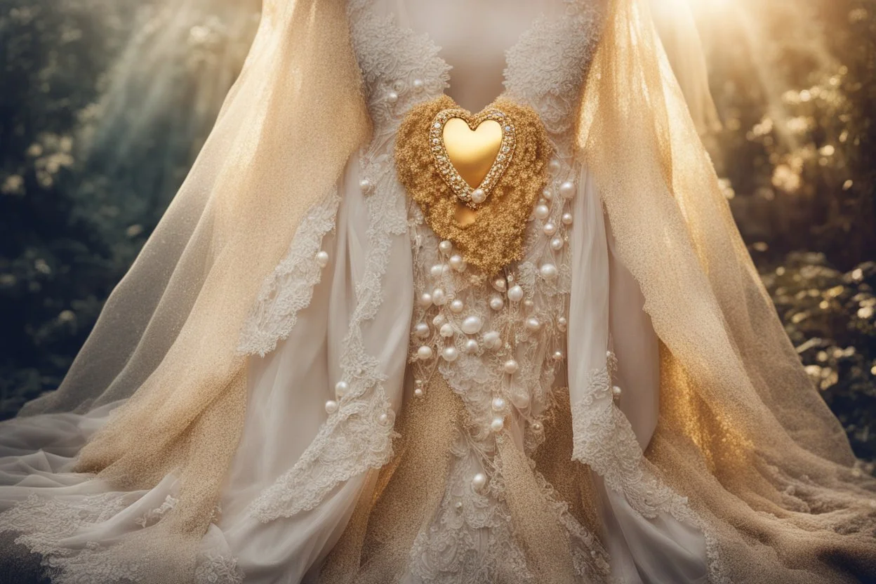 double exposure, merged layers, Beautiful composition of different fabrics, embroidered tulle with jewels, lace and raw pearls, silk, velvet, burlap, double exposure, heart, waterfall, golden glitters in sunshine