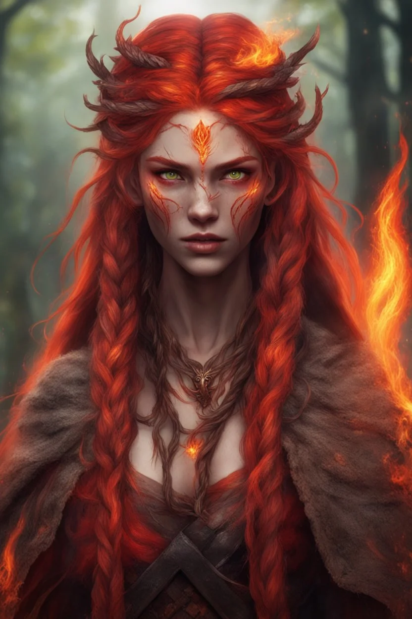Female Druid. Hair is long and bright red. It has some braids and looks like it is on fire. Eyes are noticeably red color, fire reflects. Makes fire with hands. Has a big scar over whole face