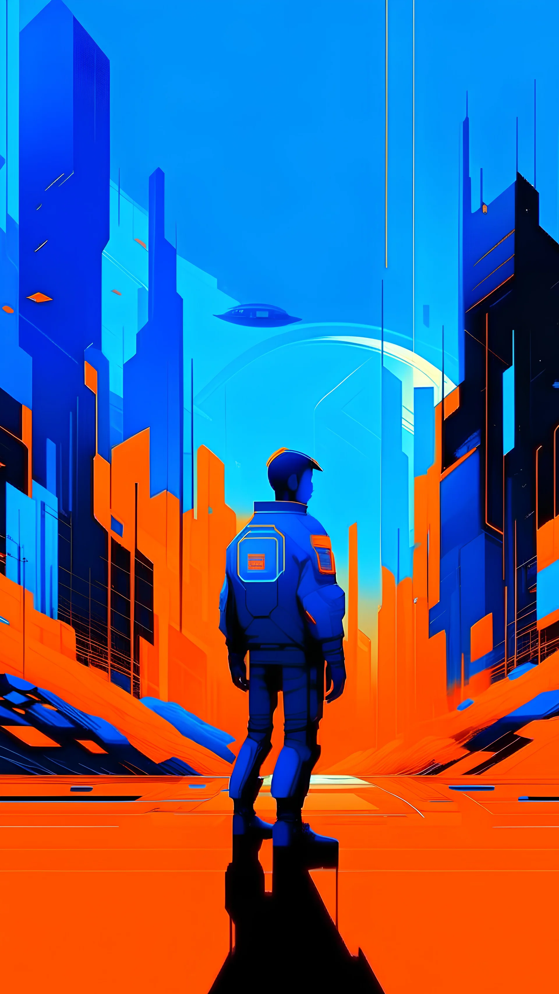 Futuristic and minimalist cyberpunk illustration by Miyazaki of a man surround by a digital landscape. Colors are blue and orange.