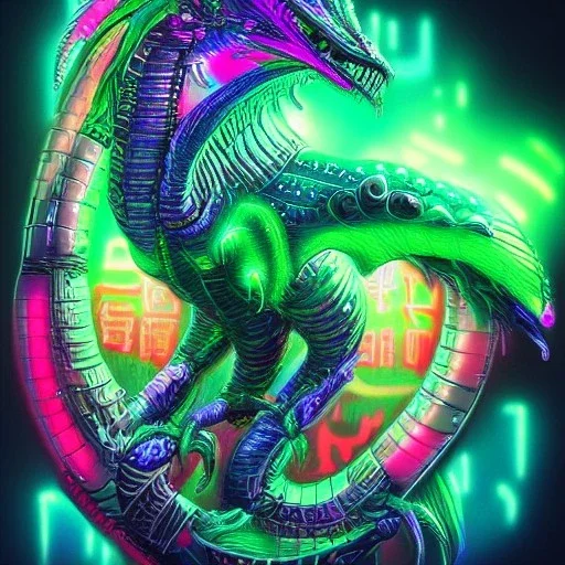 cyberpunk alien dragon, cyberpunk, full body, realistic, intricately detailed, neon lighting, vivid colors, neon, futuristic, meticulously detailed