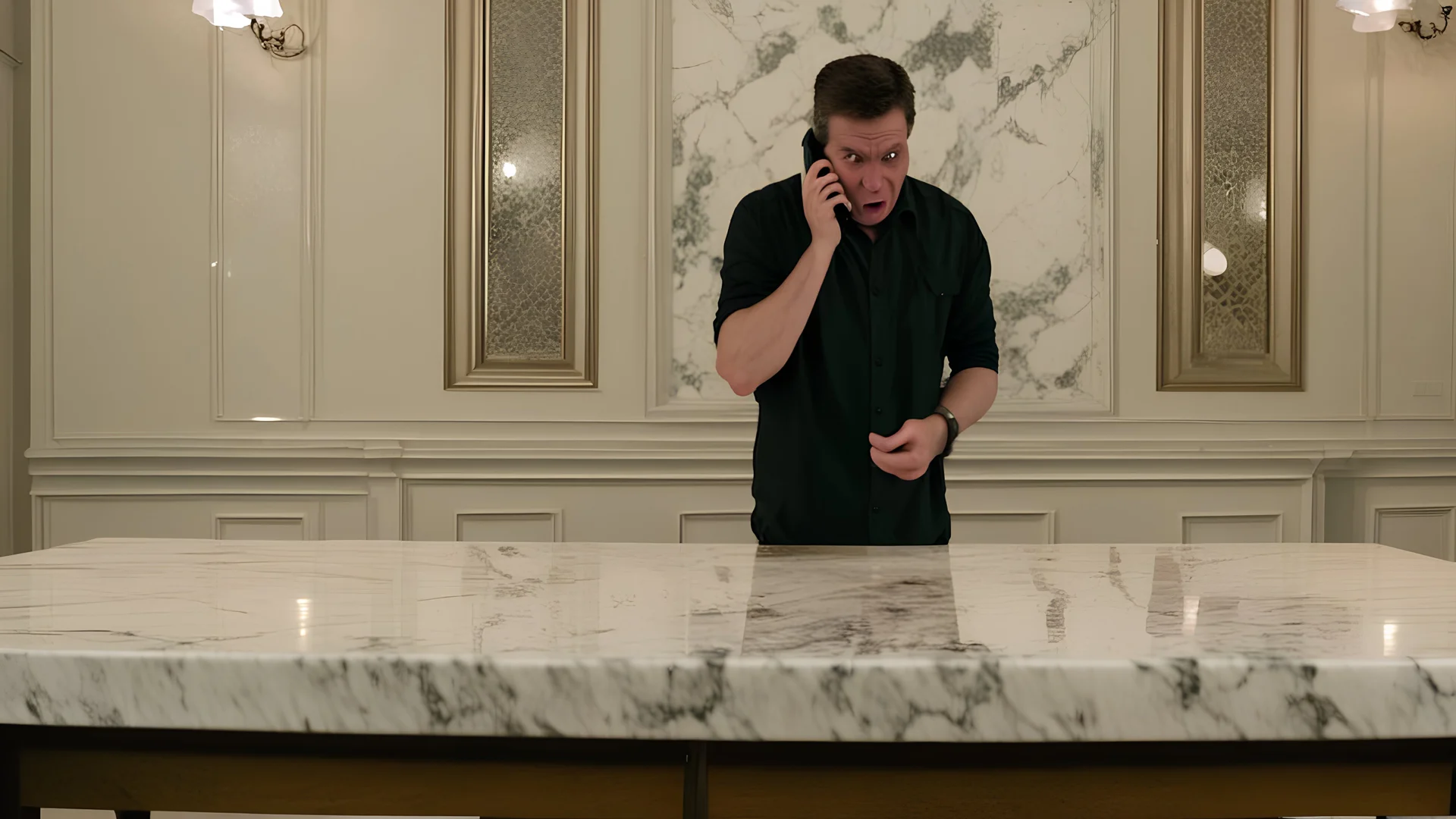 angry guy on phone at uncovered table next to marble tabletop