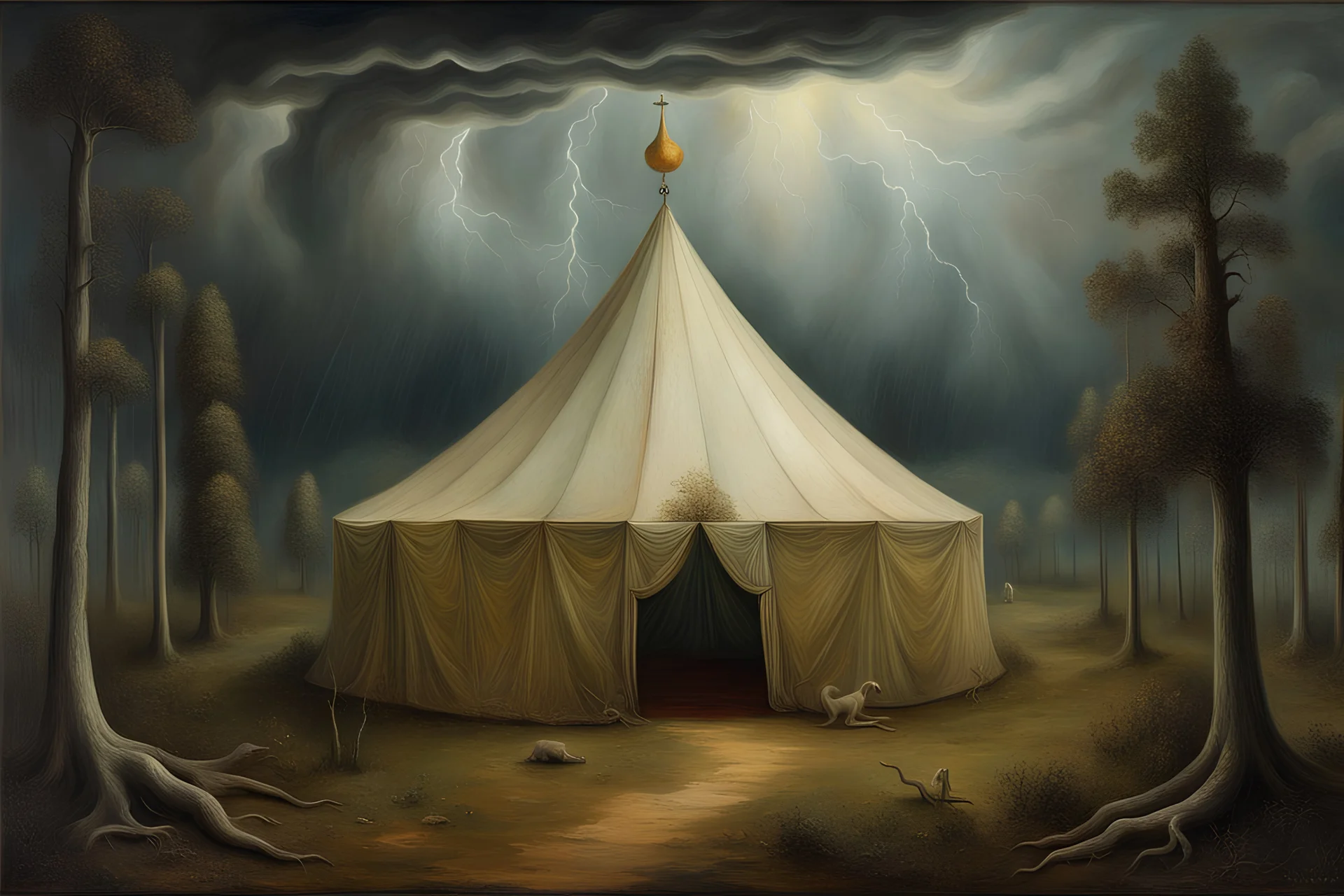 a surreal landscape with an abandoned circus tent hidden in a forest and dramatic storm clouds by artist "Leonora Carrington",by artist "Agostino Arrivabene",by artist "David Inshaw"