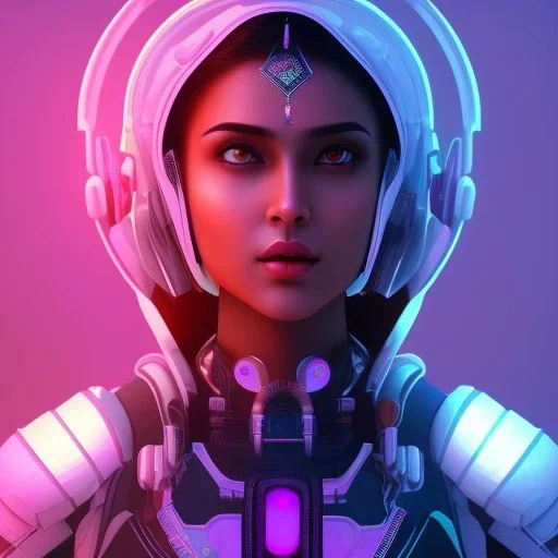 Cute indian girl face , Sci-fi character, orange backlight, pink and purple, scifi suit, profile, purple background, pink lighting