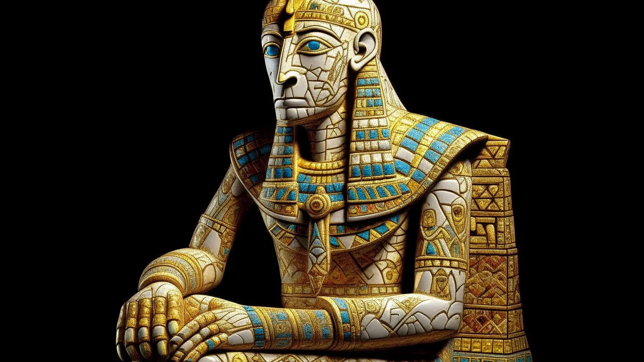 An ivory sandy Egyptian kingdom with glowing eyes designed in ancient Greek mosaics painted by Vincent van Gogh