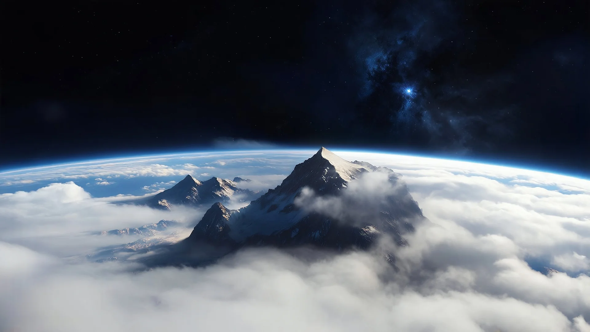 a fog planet's atmosphere is pierced by a single sharp mountain peak. a curved horizon separates the starry space