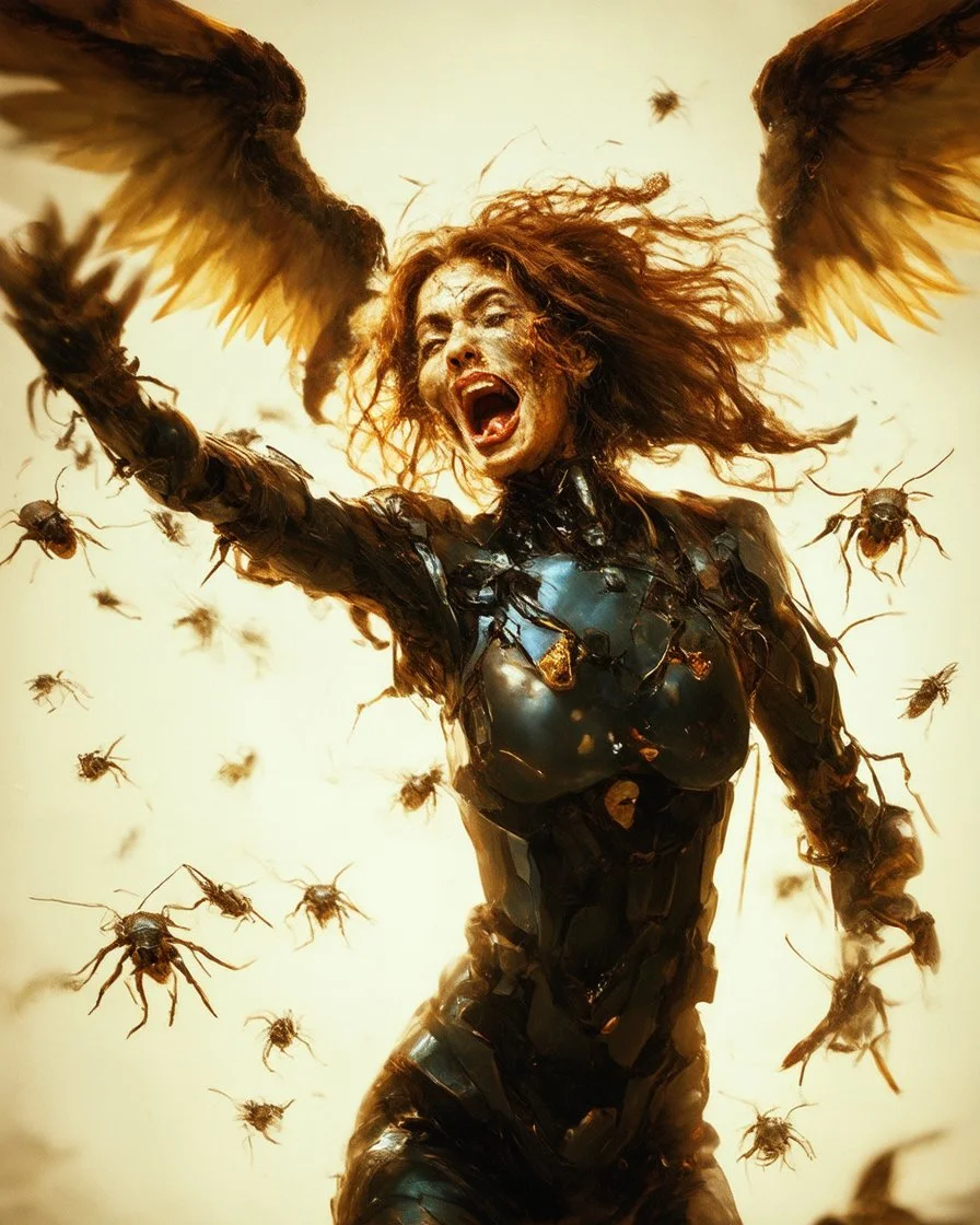 horror, swarming mechanical robotic insects, screaming woman, broken wings