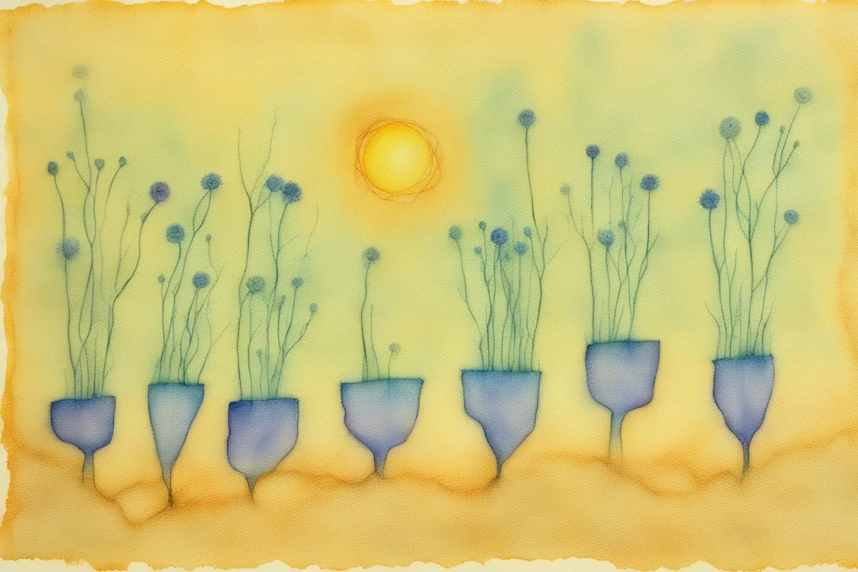 painted and burned burlap, sunshine, flowers, styles of Paul Klee Dee Nickerson and Tim Burton, melting watercolor and black ink outlines on wet paper, soft, shading strokes, in sunshine, ethereal, otherwordly, cinematic postprocessing, bokeh, dof