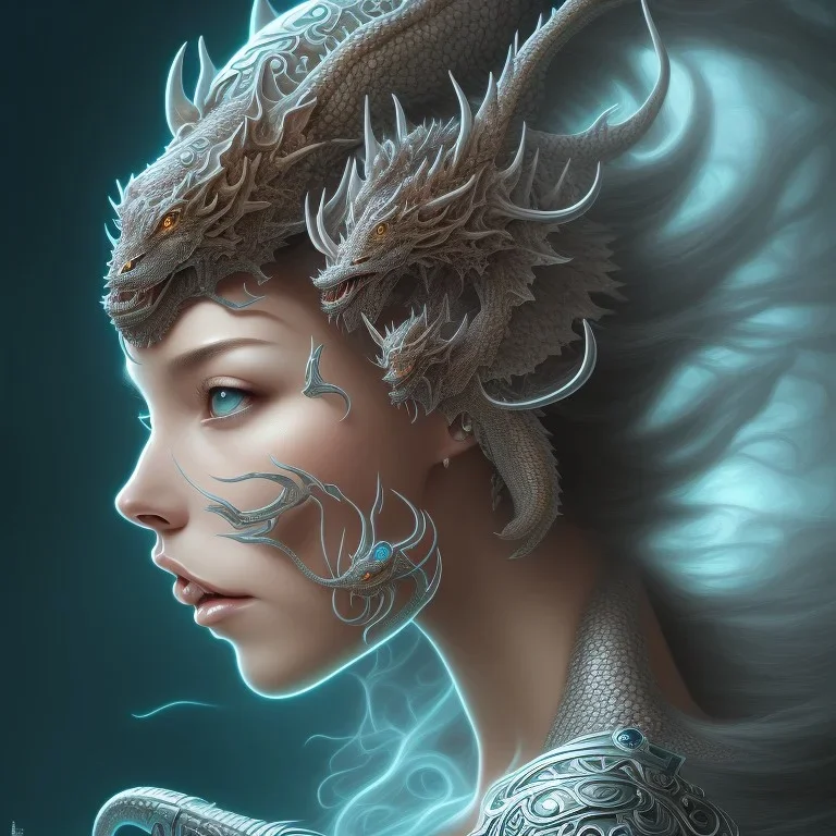 sango fantasy, fantasy magic, intricate, sharp focus, illustration, highly detailed, digital painting, concept art, matte, artgerm and paul lewin and kehinde wiley, masterpiece silver dragon head gray Asain African nice breast Afo woman turquoise waves