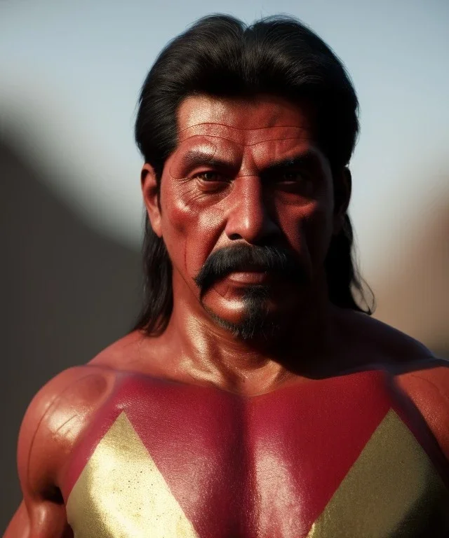 Portrait Mexican Man, wrestling, retro 80s style, hot ambient, photo studio, red, gold, vibrant color, highly detailed, art stations, concept art, smooth, unreal engine 5, god rays, ray tracing, RTX, lumen lighting, ultra detail, volumetric lighting, 3d, finely drawn, high definition, high resolution.