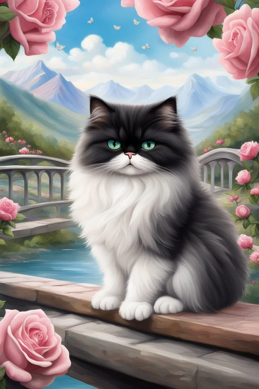 in the center: 7 beautiful fat fluffy black and white persian cats with green eyes sitting on a bridge, under the brigde flows a small blue river; background: landscape with dramatic mountains and white clouds, butterflys flying in the sky; first plan: pink roses;