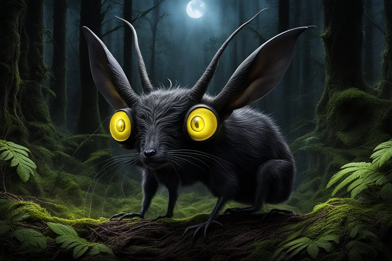 The nocturnal forest creature shown in the picture, the Nosferat, is able to find its way around in the dark (with its two large yellow glowing eyes). On its head, it wears elongated, dark ears and two thin antennae-like hairs, with which it can hear and recognize even the tiniest sounds. A (its body is slender, with smooth black-silver scales), so it can hide very well. It feeds on predatory forest animals and birds, and also sucks their blood. Its two front needle-like teeth help it suck blood