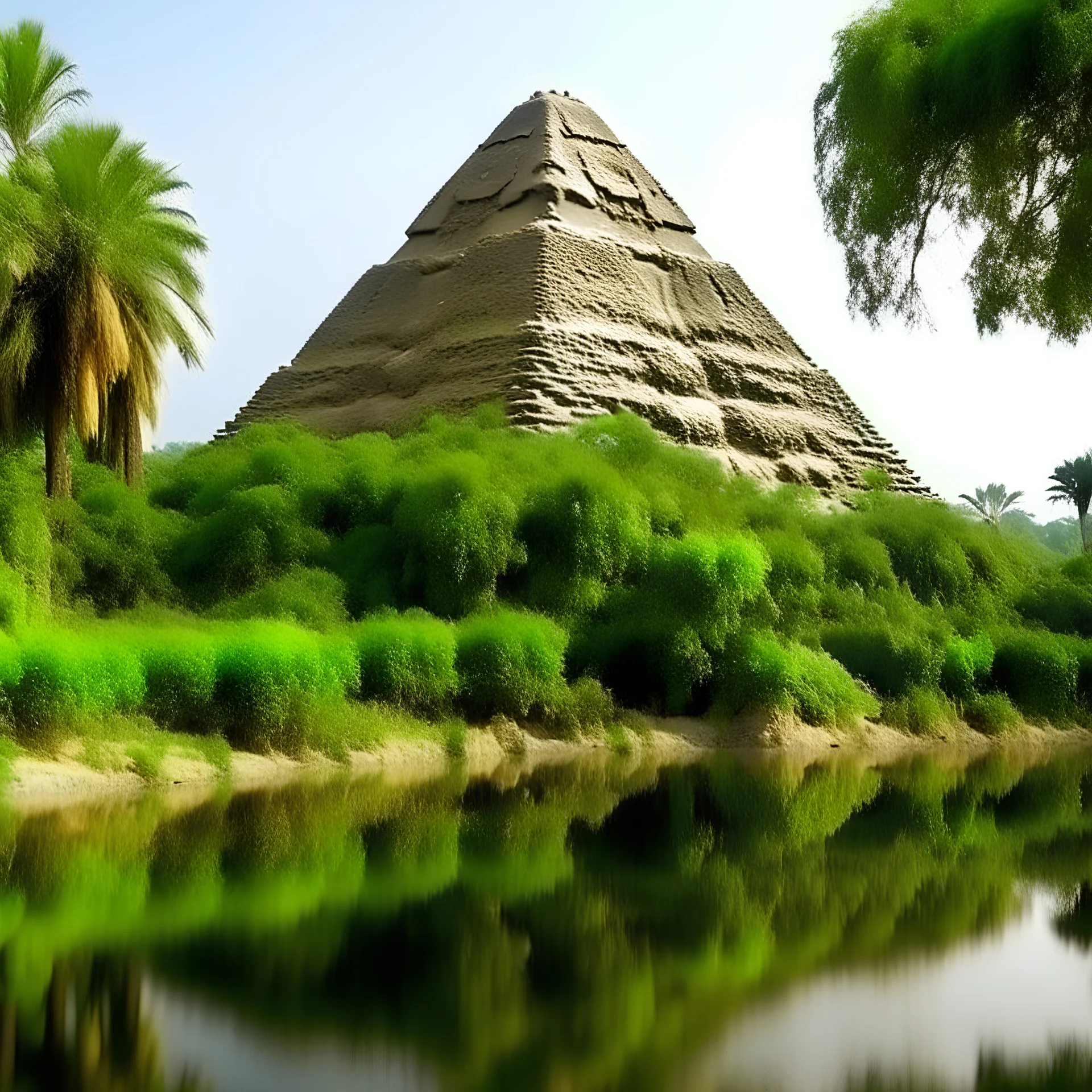Pyramide d'Egypte, végétation luxuriante, rivière limpide, détail net et clair, beaucoup de détail