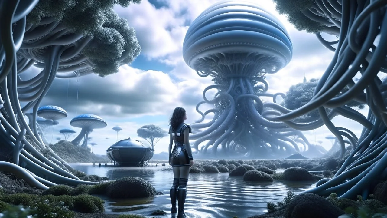 Wide-angle shot of a woman, standing on the right side of an alien beach, with dark hair in a silver robotic catsuit, lots of large floating mushrooms with long tentacles, alien jungle trees in the distance