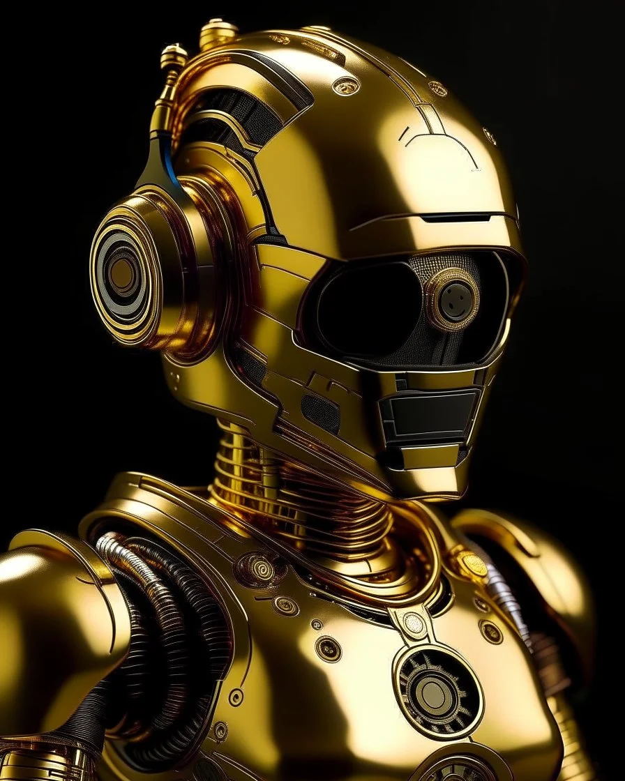 Gold metal robot themed armor black trim, glowing gold eyes, the helmet is fully covered, the helmet an astronaut robot themed