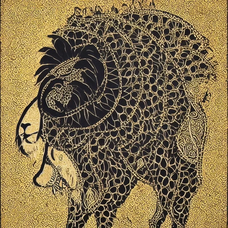 lion, black, Moroccan traditional art, gold