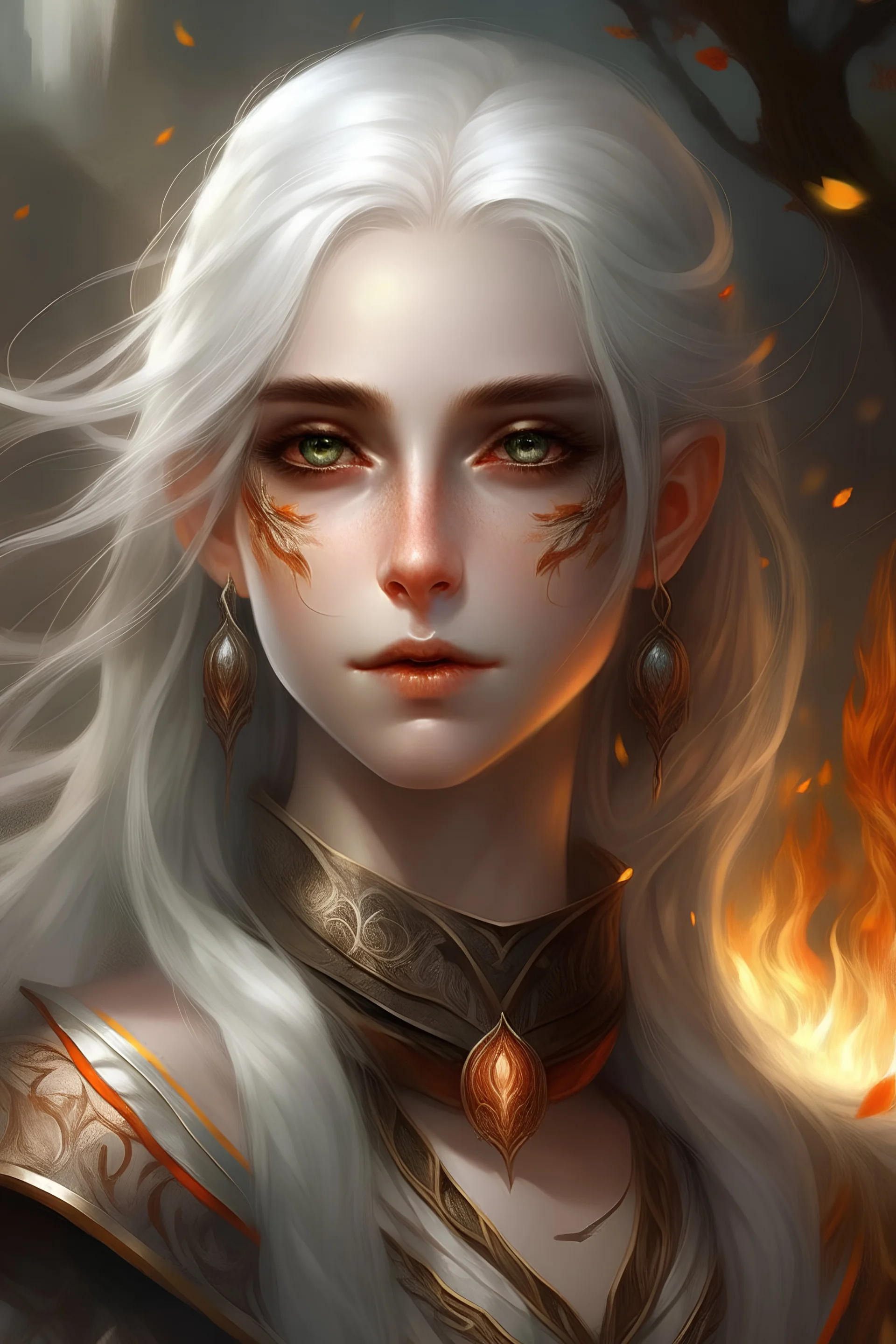 female druid fae elf with white hair pale skin and eye color swirling with silver and fire