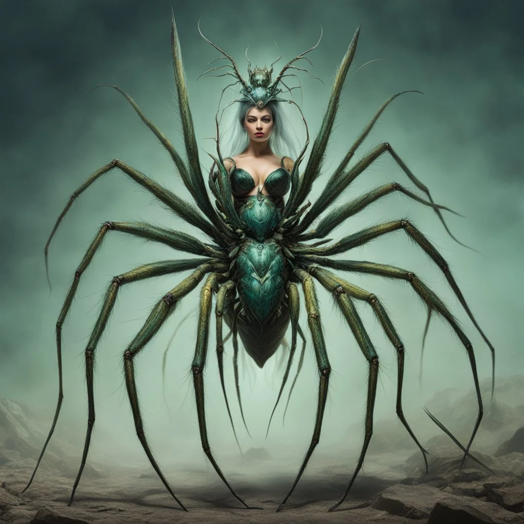 [photorealistic, greenish-blueish, half-woman] the Arachnomorph Queen, a monstrous hybrid that seemed to defy the laws of nature.Her upper torso was that of an elegant woman, but her lower body morphed seamlessly into a grotesque spider's abdomen. The eight spindly legs that supported her colossal form ended in razor-sharp pikes, glinting ominously in the dim light. The queen's eyes, like shards of obsidian, fixed upon the intruders with a malevolent intelligence.