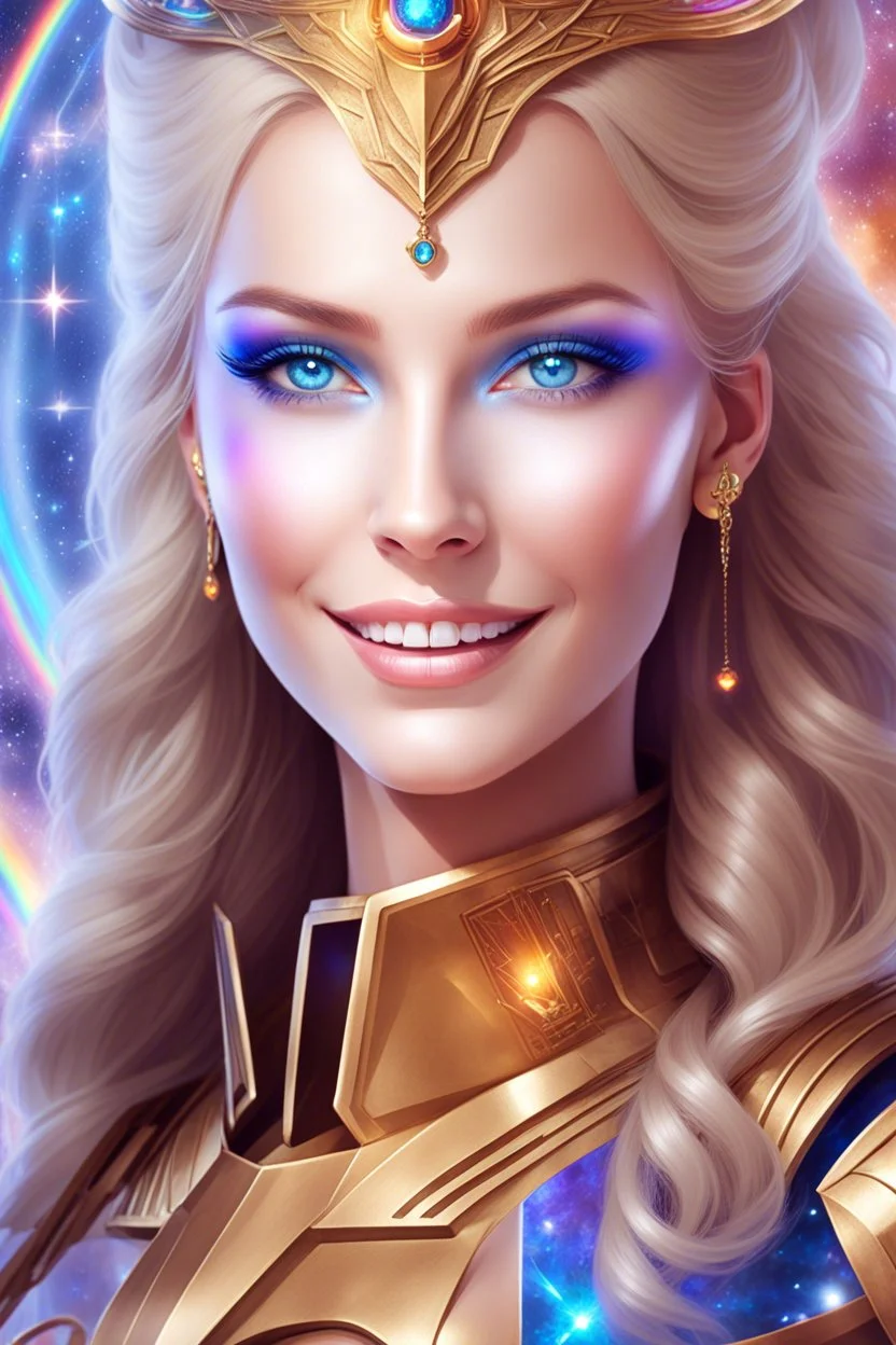 cosmic woman smile,galactic fédération, admiral from the future, one fine whole face, crystalline skin, expressive blue eyes,rainbow, smiling lips, very nice smile, costume pleiadian, Beautiful tall woman pleiadian Galactic commander, ship, perfect datailed golden galactic suit, high rank, long blond hair, hand whit five perfect detailed finger, amazing big blue eyes, smilling mouth, high drfinition lips, cosmic happiness, bright colors, blue, pink, gold, jewels, realist, high,rainbow commander,