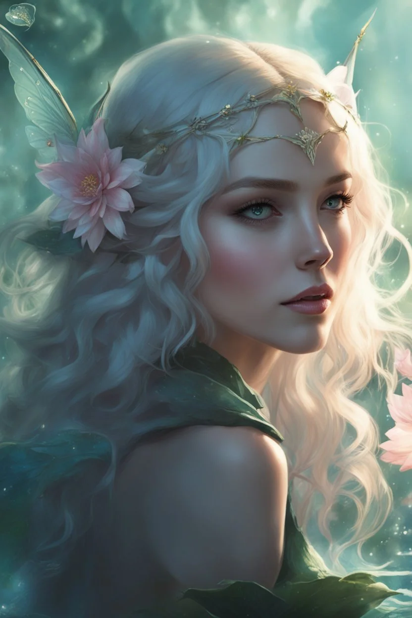 Pink flower crown,Pointed elven ears,Blonde hair ,Pink dress,Sparkling fairy wings,Very long golden hair,Fairy crown,pointed ears,elven ears,fairy wings,water lilies,sparkling,glittering,flowers,blossoms,golden crown,light pink dress