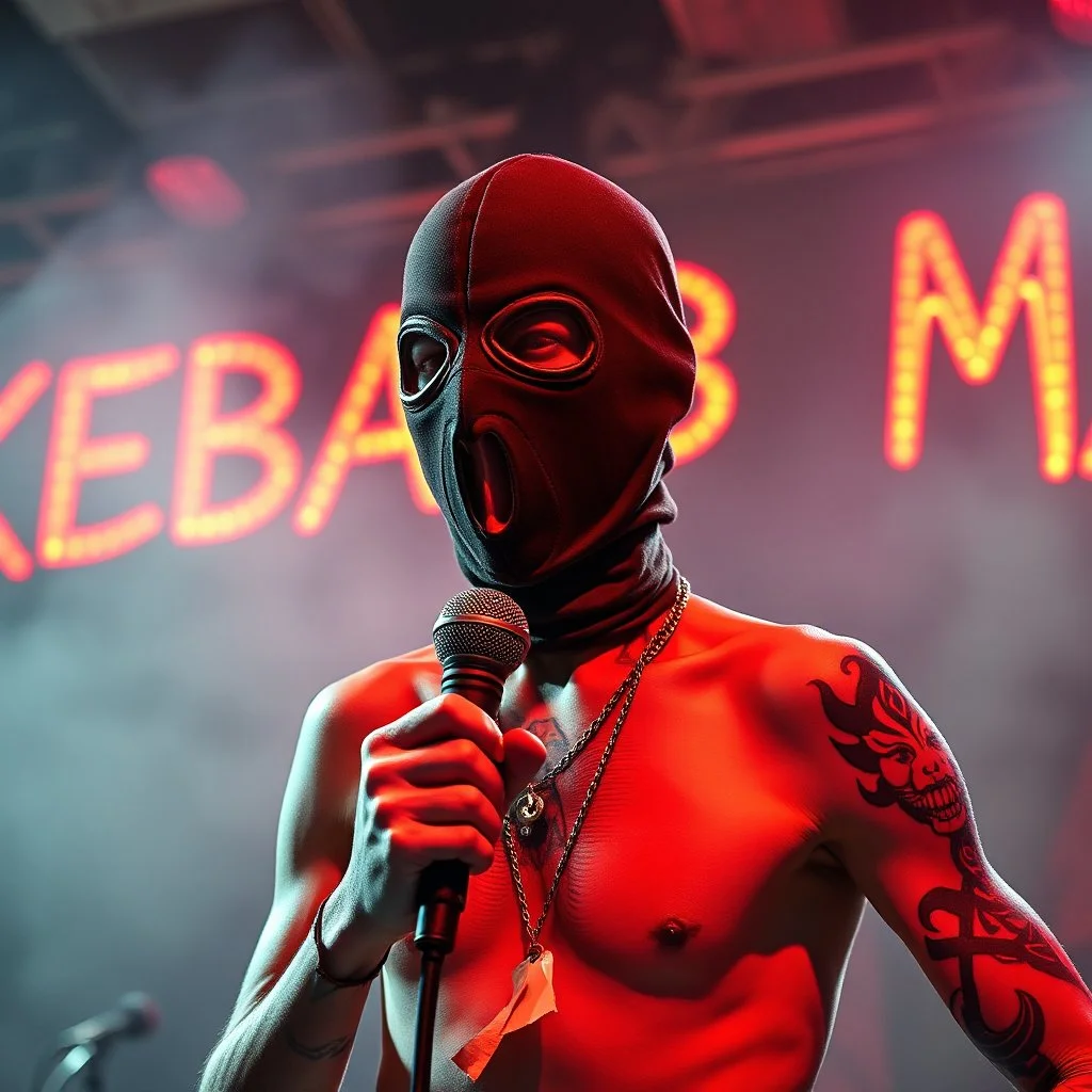 a very thin swedish man, with a skimask with only a hole for the mouth (no eyes), he is called "KEBAB MAN" performing at death metal club, his name is "KEBAB MAN" kebab rolls On stage, kebab Neon lights and smog, and "KEBAB MAN" big sign on the wall, kebab tribal tattooes, spinning kebab machines, flames and smoke, chaos, he singing with mic,