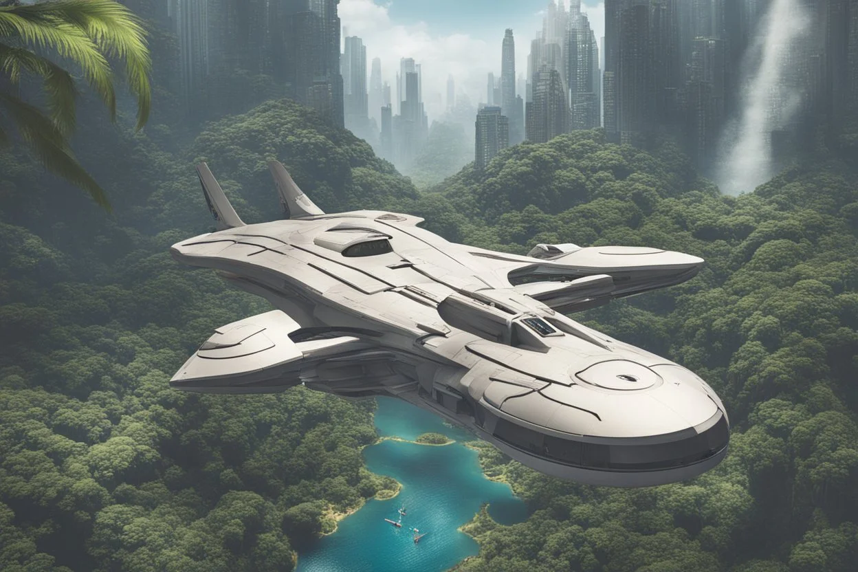 spaceship flying low over a jungle city