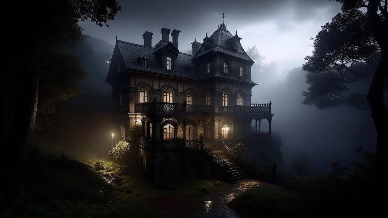 a secluded mansion on a hill, shrouded in mist, with flickering lights casting eerie shadows. The sound of rain tapping against the windows adds to the atmosphere of suspense. Inside, there are several characters each with their own unique traits and motives.