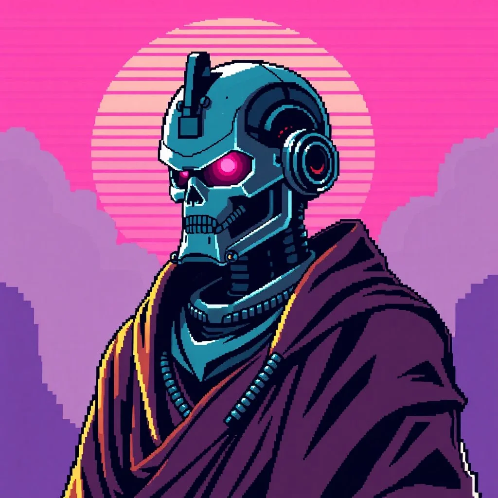 8 bit pixelart of a terminator like robot, synthwave colored, vaporware, budist monk robe
