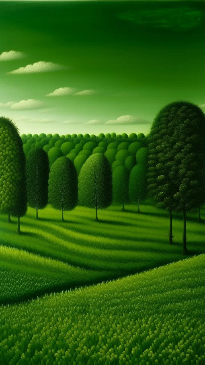 A green plain filled with hedges painted by Henri Rousseau