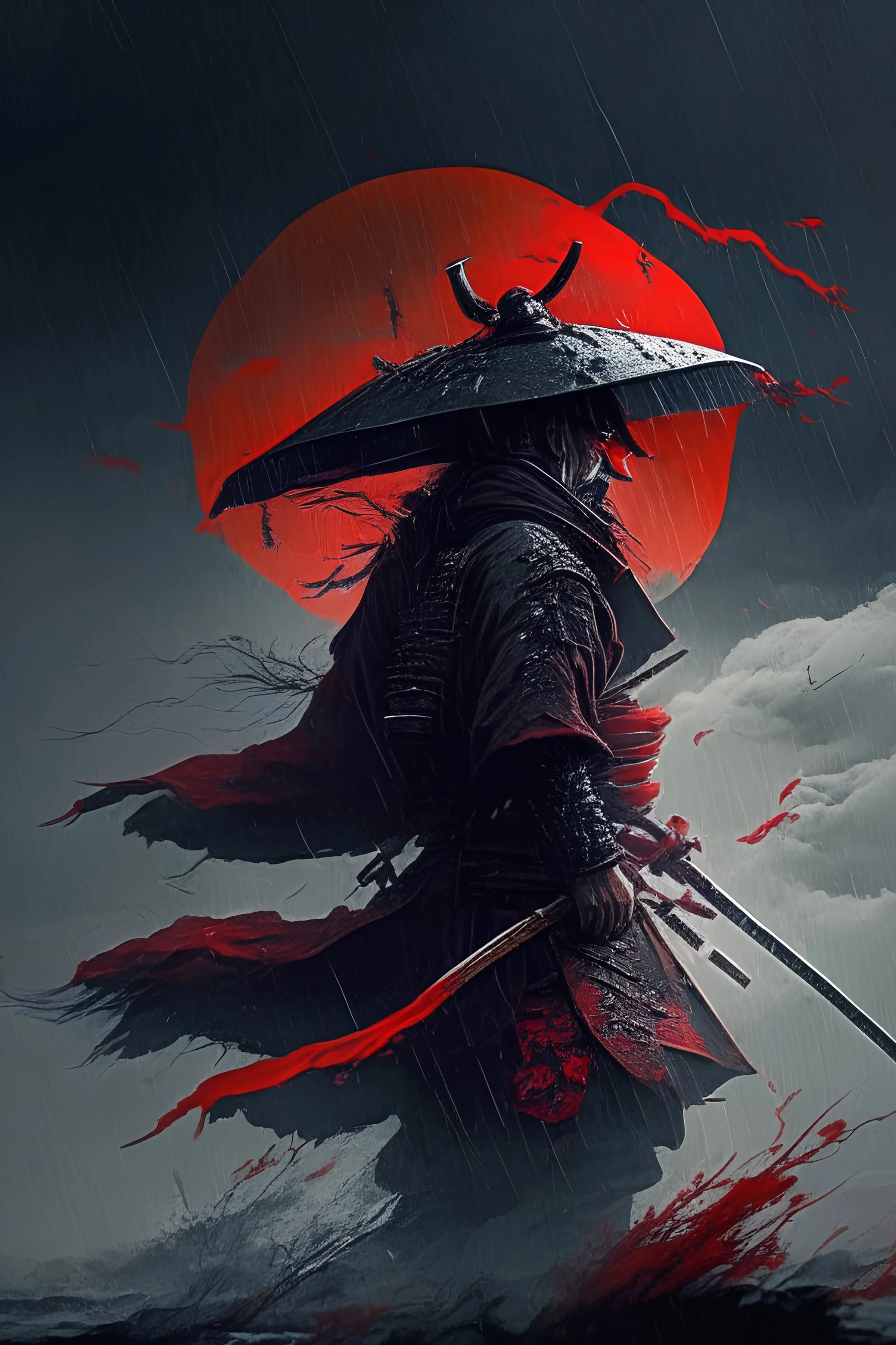 Samurai with hat and flyng in storm of blood