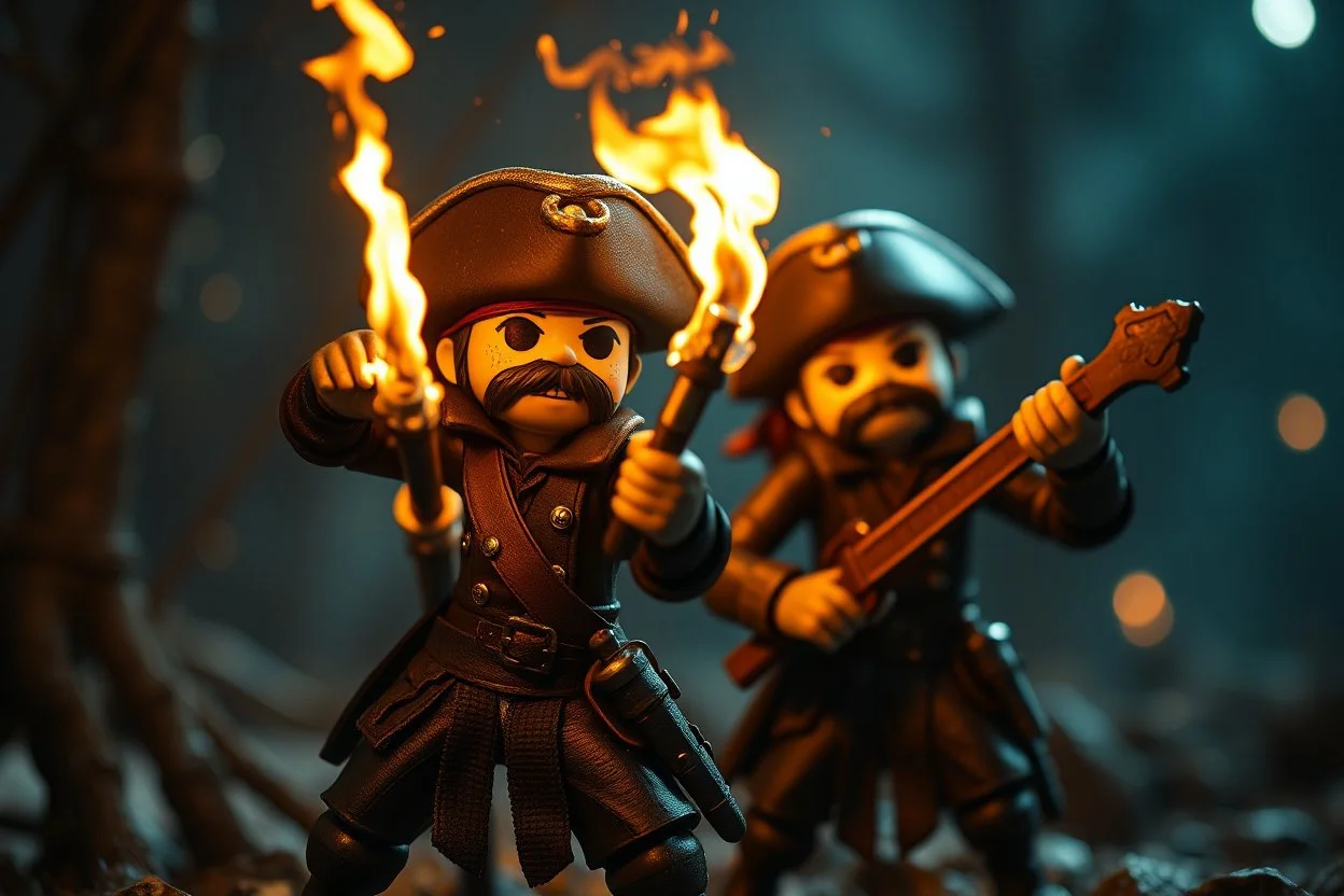 tiny bad ass nerd swashbuckler pirates fighting with torches in the night decapitating like crazy in the style of Fallout 4 , bokeh like f/0.8, tilt-shift lens 8k, high detail, smooth render, down-light, unreal engine, prize winning