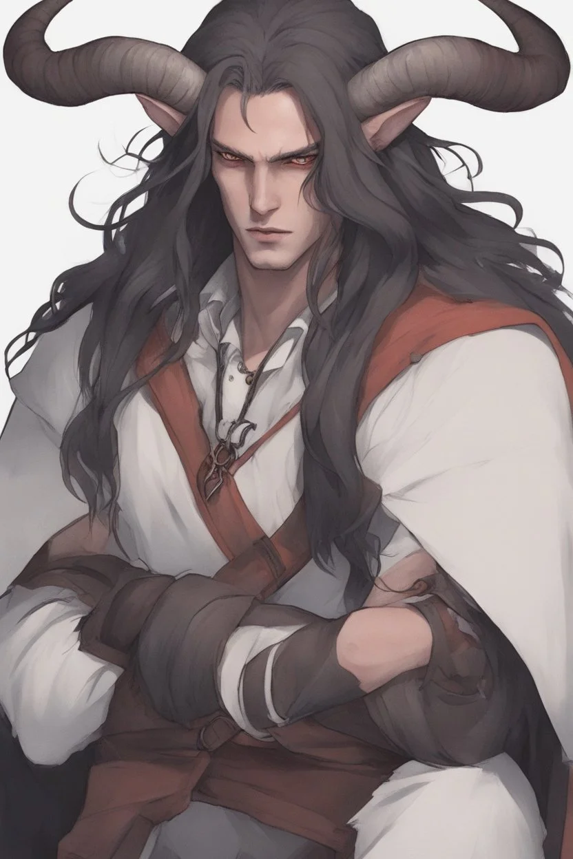 A dnd character portrait, a tiefling man with long hair and two black horns, white eyes and pale skin. Handsome. Young.