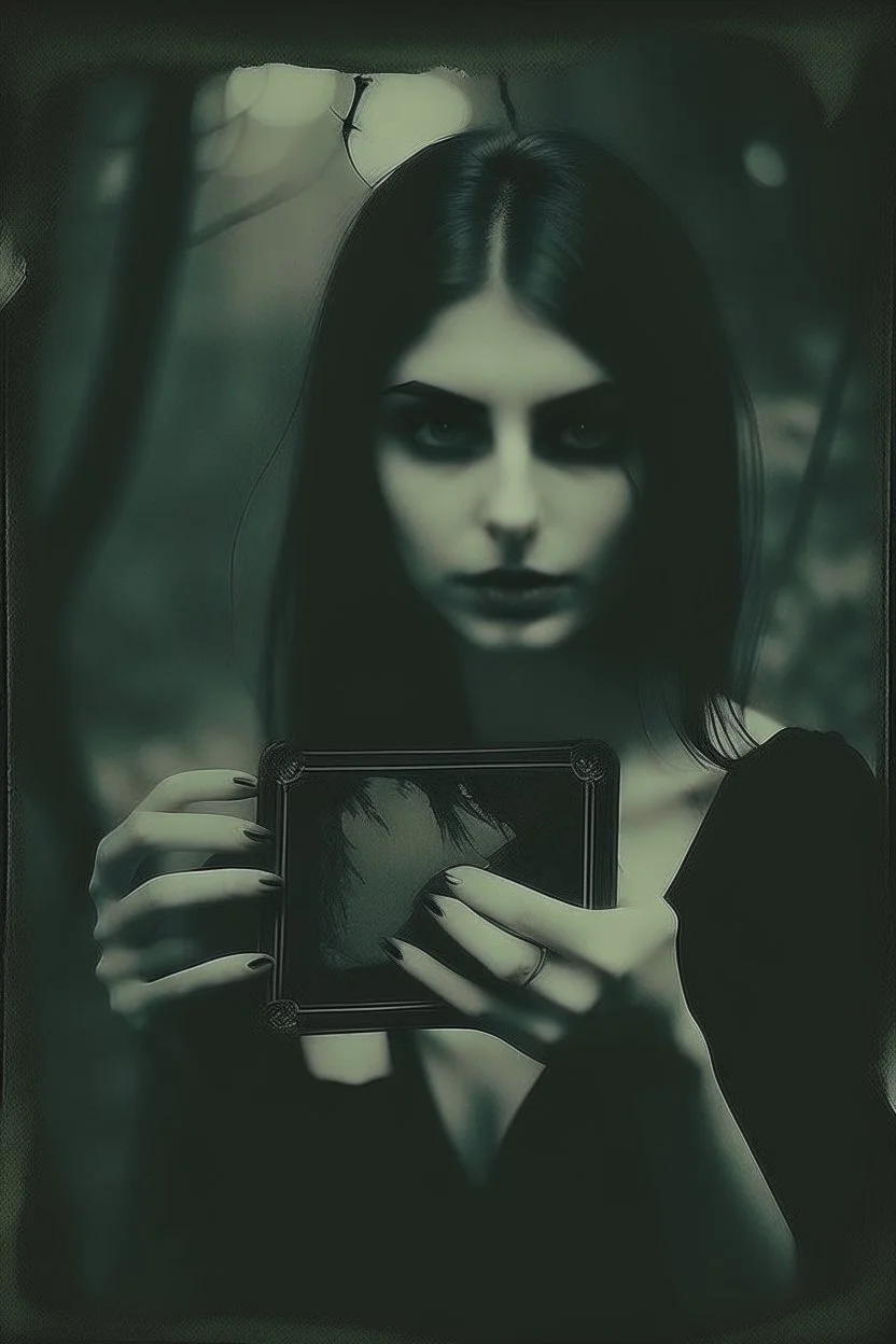 Polaroid picture of a woman. Dark fantasy style