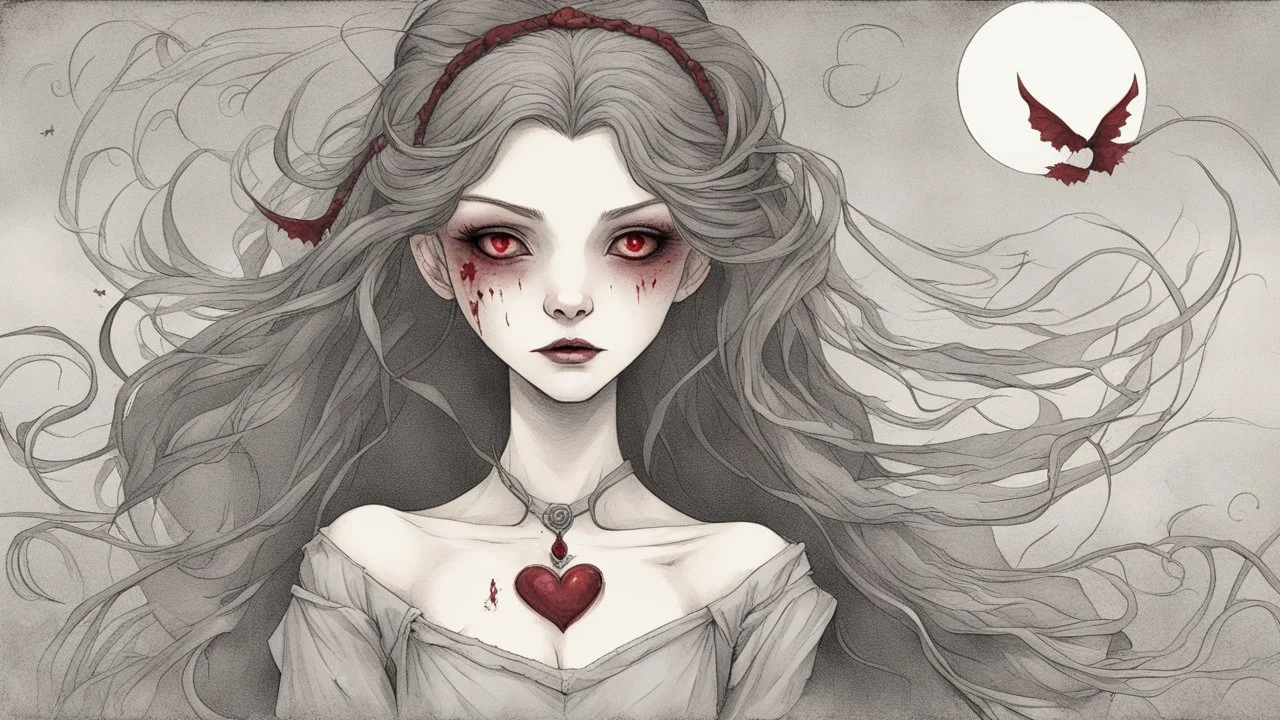 comic style, In the pallid moonlight, a peculiar girl appears - a vampire, her skin a haunting shade of spectral grey, as if she herself were wrought from the lonely heart of a forsaken moon. Cruel rubies are set into her eyes, glowing with ominous liveliness against her lifeless pallor. Blood, a sinister accompaniment to her form, the colour of garnet, seems to drip off her like a macabre jewel, casting a chilling aura of dangerous enchantment about her.