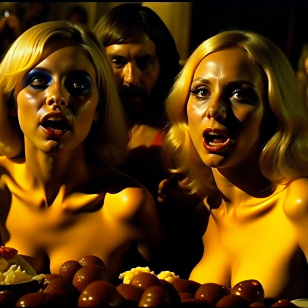 Horror movie shot, hot, ultra realistic, dine, horns, ultra chaos, realistic hot blonde women, party, pieces of meat, organs, hot dynamic, very excited people, hypermaximalist figures, light, 1970's Italian horror movie, sinister,, Dario Argento, Stanley Kubrik, ornate, 4k, photorealism