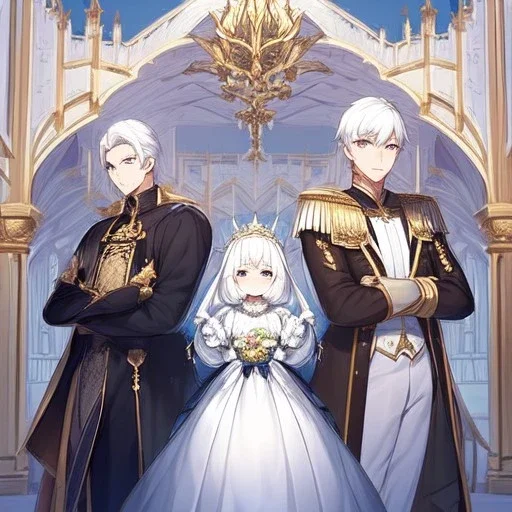 Twins, boy and girl, white hair, silver eyes, royal, palace interior background