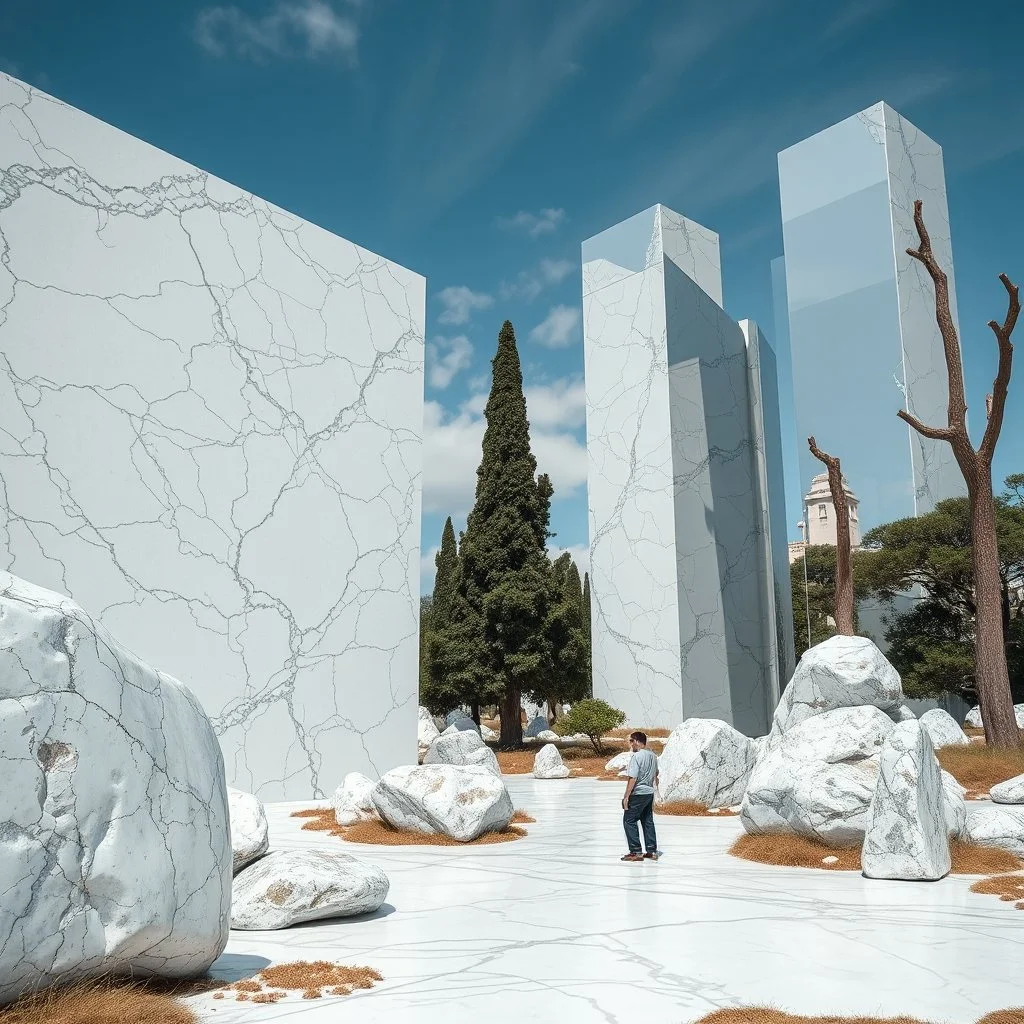 Magnifica immagine di un paesaggio con marmi imponenti accanto a strutture artificiali altissime e alberi. Queste strutture sembrano blocchi riflettenti, che creano un contrasto tra il naturale e l'artificiale. Persona osserva. bianco con venature e solchi. Strani edifici. La scena trasmette un senso di dialogo tra elementi organici. Dettagli degli specchi e delle rocce molto accentuati.