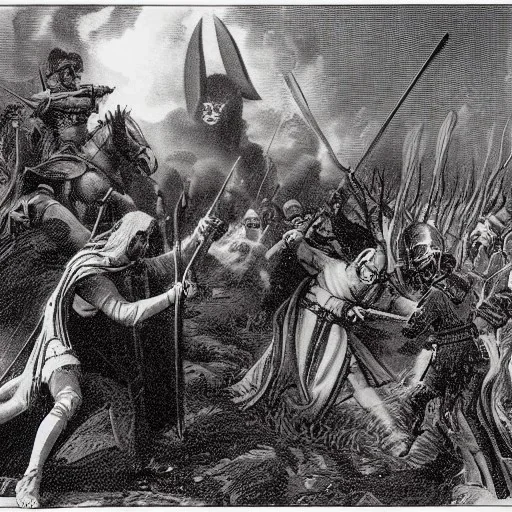 Priest smiting demonic Warlord,armies battling in the background, romanticism.