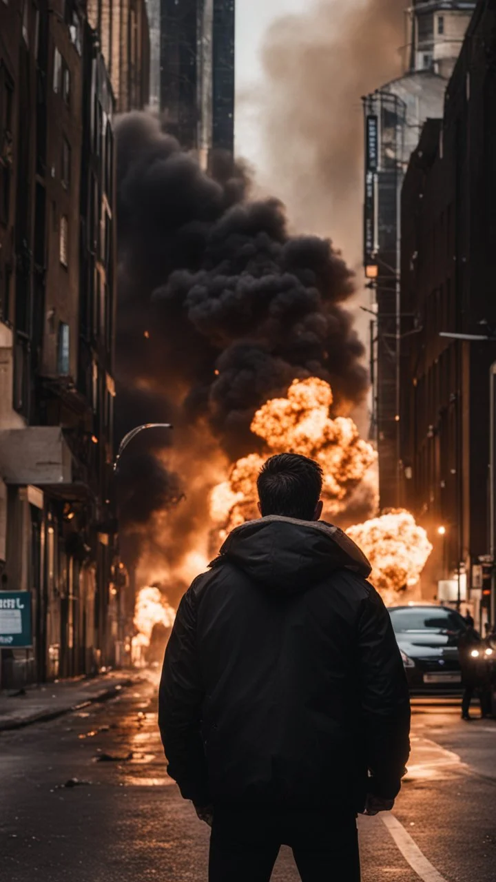 Man in a black bomber jacket, back to the camera, looking down a street, watching an explosion of fire and lights in front of him.