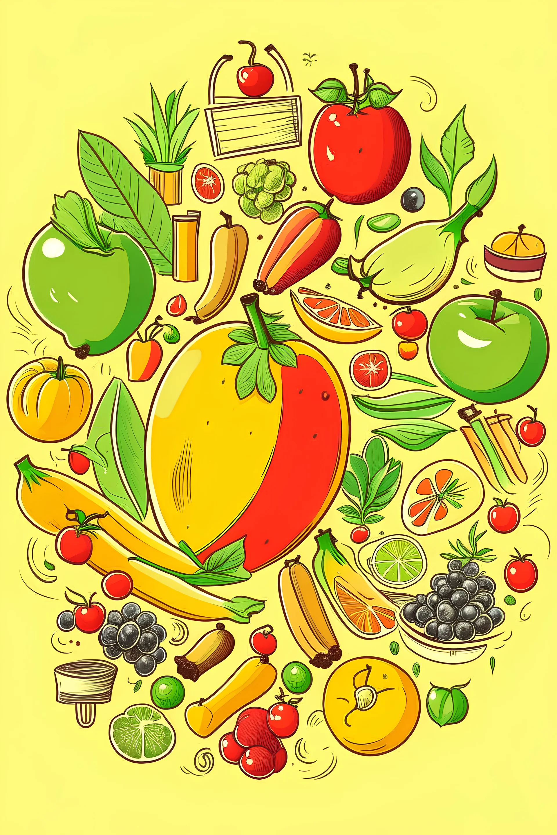 Create an image that combines the fruits,veges and daily routine