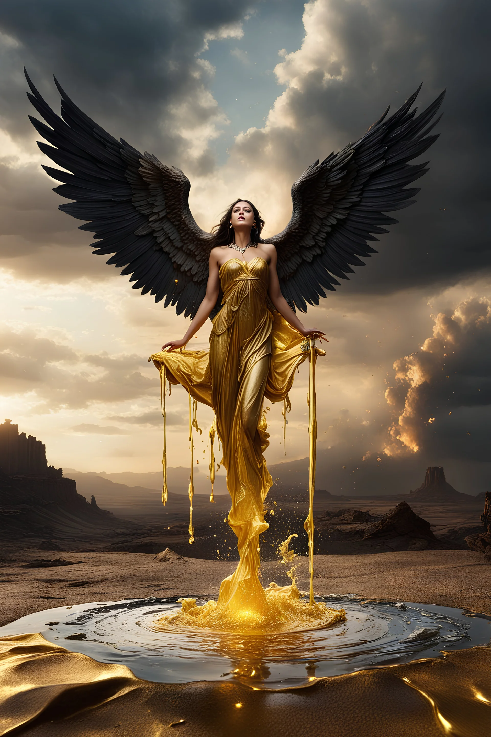 A hyper-realistic photo, beautiful fallen angel disintegrating into gold dripping ink and slime::1 ink dropping in water, molten lava,4 hyperrealism, intricate and ultra-realistic details, cinematic dramatic light, cinematic film,Otherworldly dramatic stormy sky and empty desert in the background 64K, hyperrealistic, vivid colors, , 4K ultra detail, , real photo, Realistic Elements, Captured In Infinite Ultra-High-Definition Image Quality And Rendering, Hyperrealism, real world, in real life, re