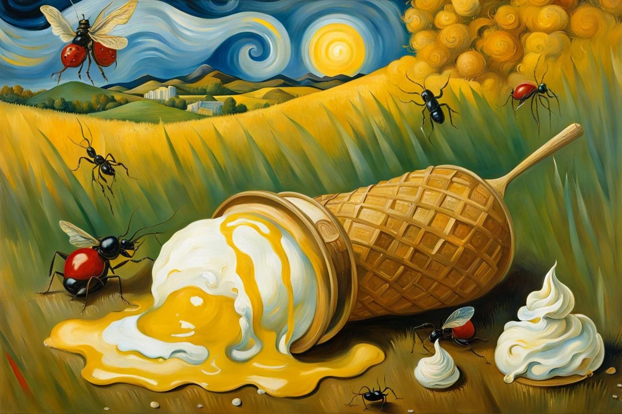 painting from lies down in the grass a Fallen Ice-cream, the dropped ice cream melting, ants crawling on ice cream , whimschical, detalied painting by Van Gogh and dali, high detailed, sharp focuses, masterpiece