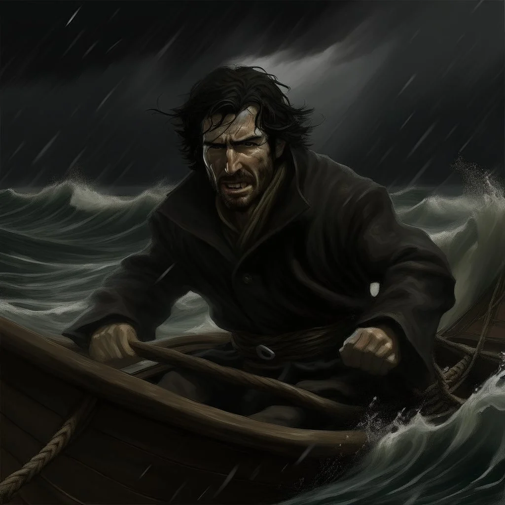 The angry black haired "Boatsman" on a stormy sea realistic grimdark